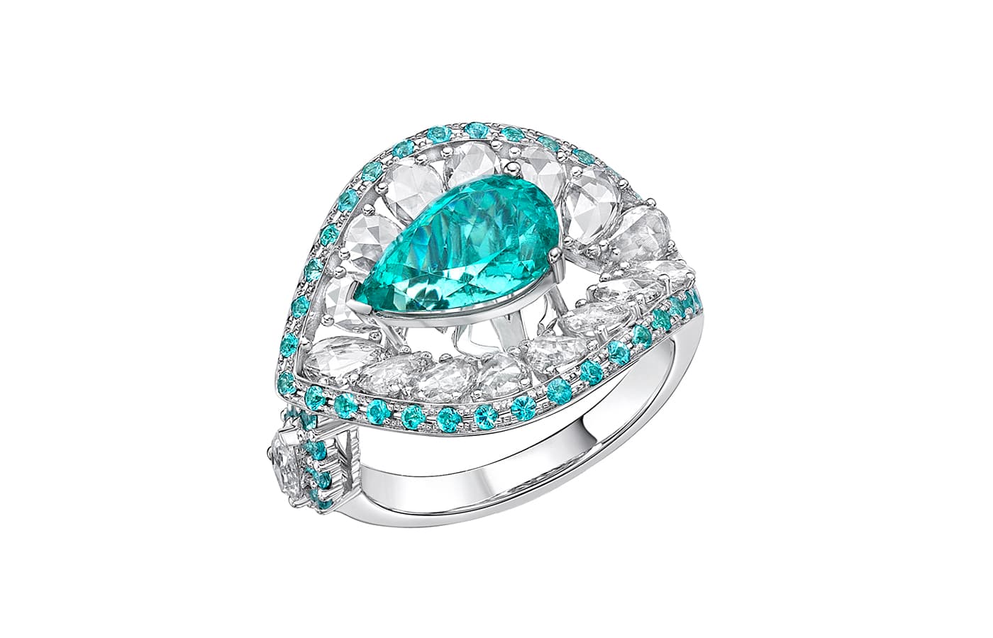 Sunita Nahata Ocean Eyes ring with a 2.3 carat Brazilian Paraiba tourmaline, rose-cut diamonds and further Paraiba tourmalines in 18k white gold from the Blue Planet II collection