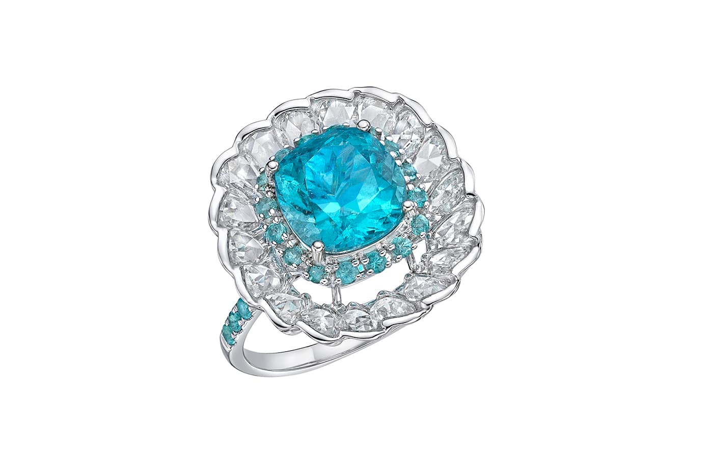  Sunita Nahata Nilofar ring with a 3.07 carat Paraiba-like tourmaline from Mozambique, rose-cut diamonds and further Paraiba tourmalines in 18k white gold from the Blue Planet II collection