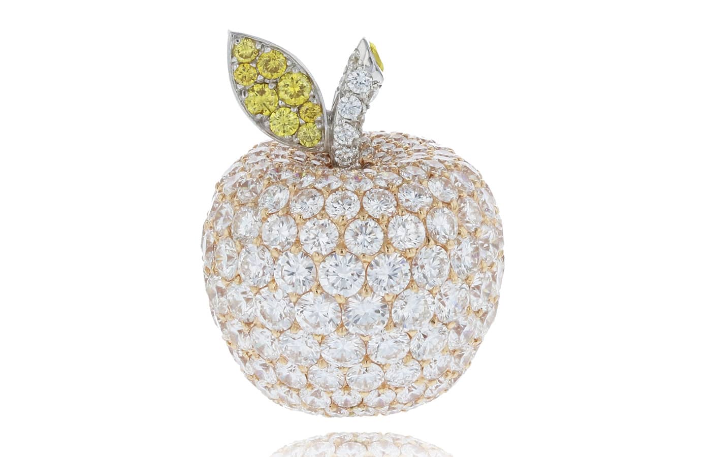 Metagolden Tabbah estate white and fancy yellow diamond apple pendant, set in 18K rose and white gold