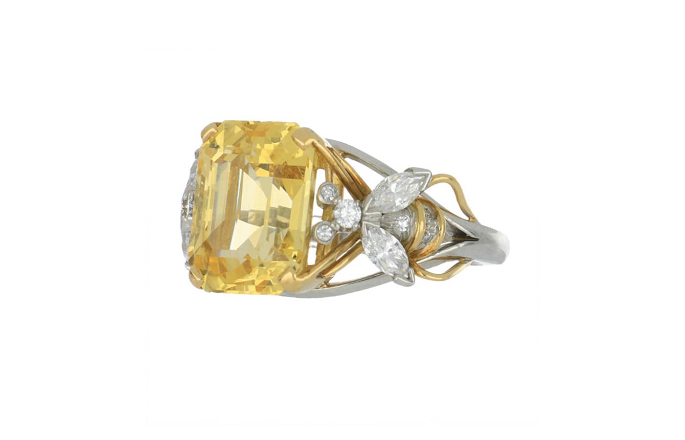  Metagolden Mid-century Schlumberger for Tiffany & Co. 18K gold and platinum yellow sapphire ring, circa 1960.