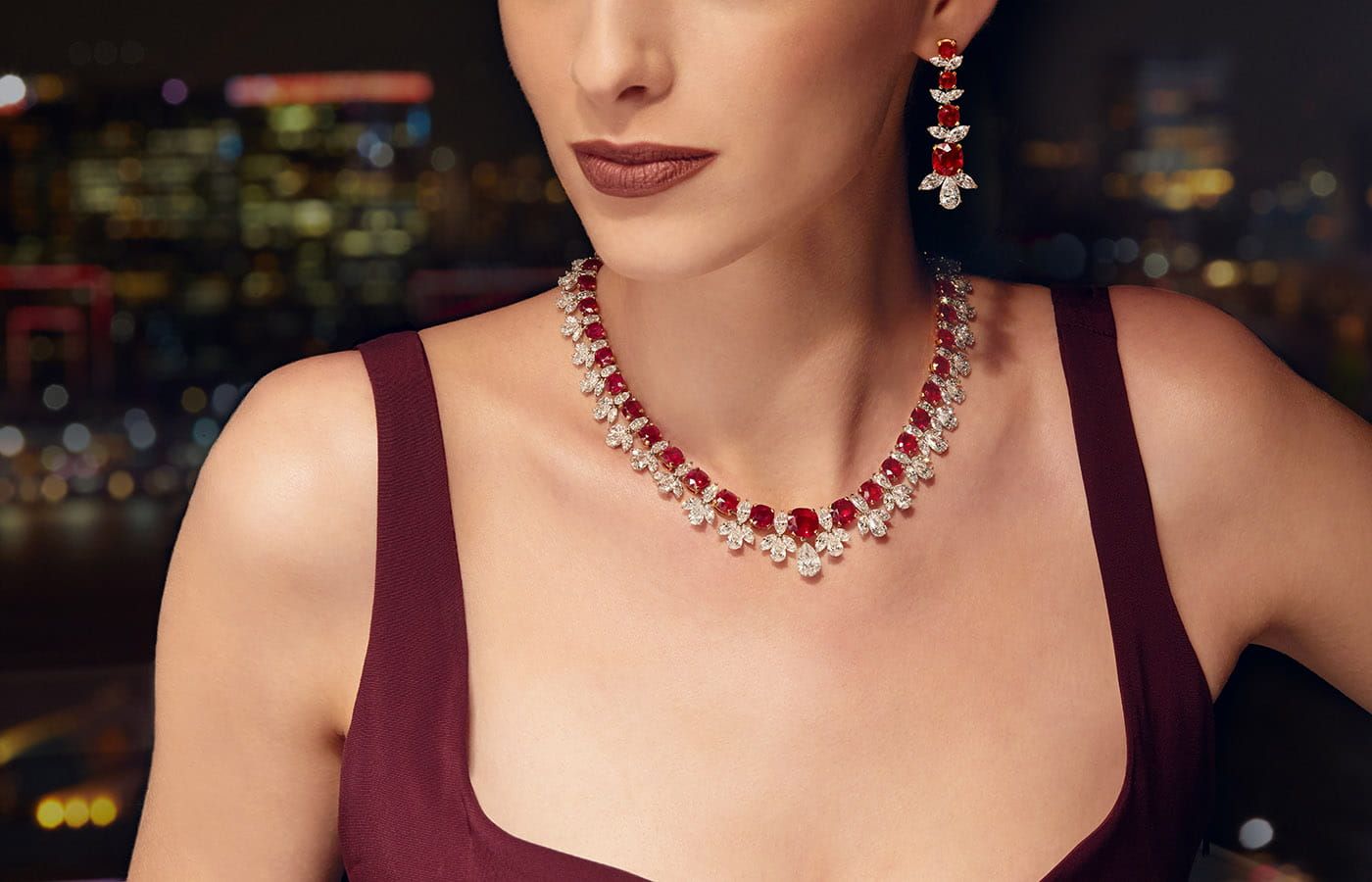  Ronald Abram Burmese ruby and white diamond necklace and earrings set 