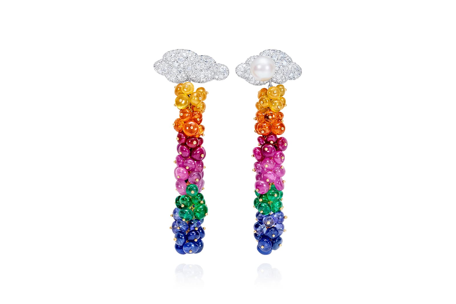  K&Co Iridiana earrings with diamonds,  emeralds, tanzanites, pink and yellow sapphires, orange spessartine garnets, and a single South Sea pearl 