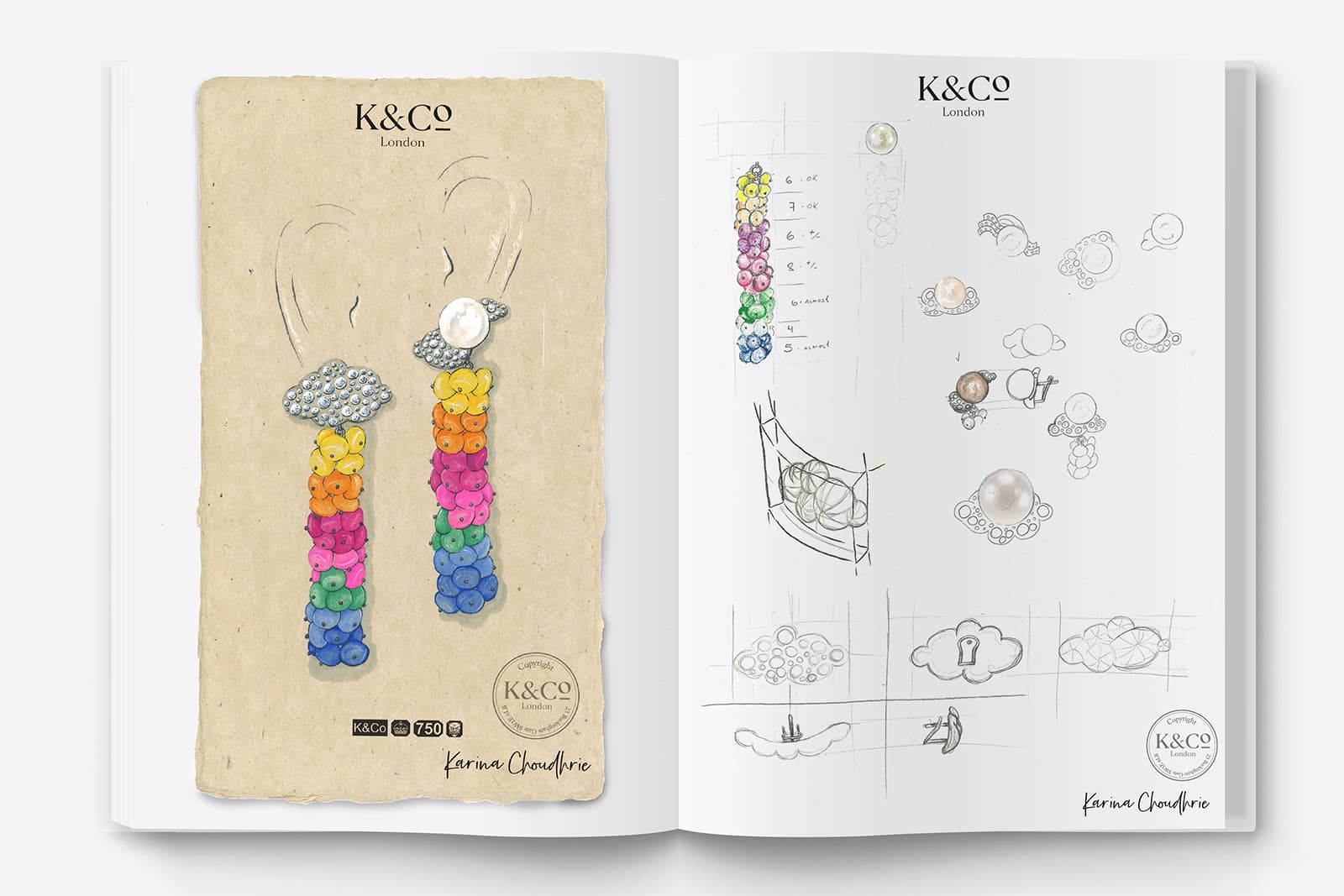  Concept drawings and sketches of the K&Co Iridiana earrings from the Valtameri High Jewellery collection