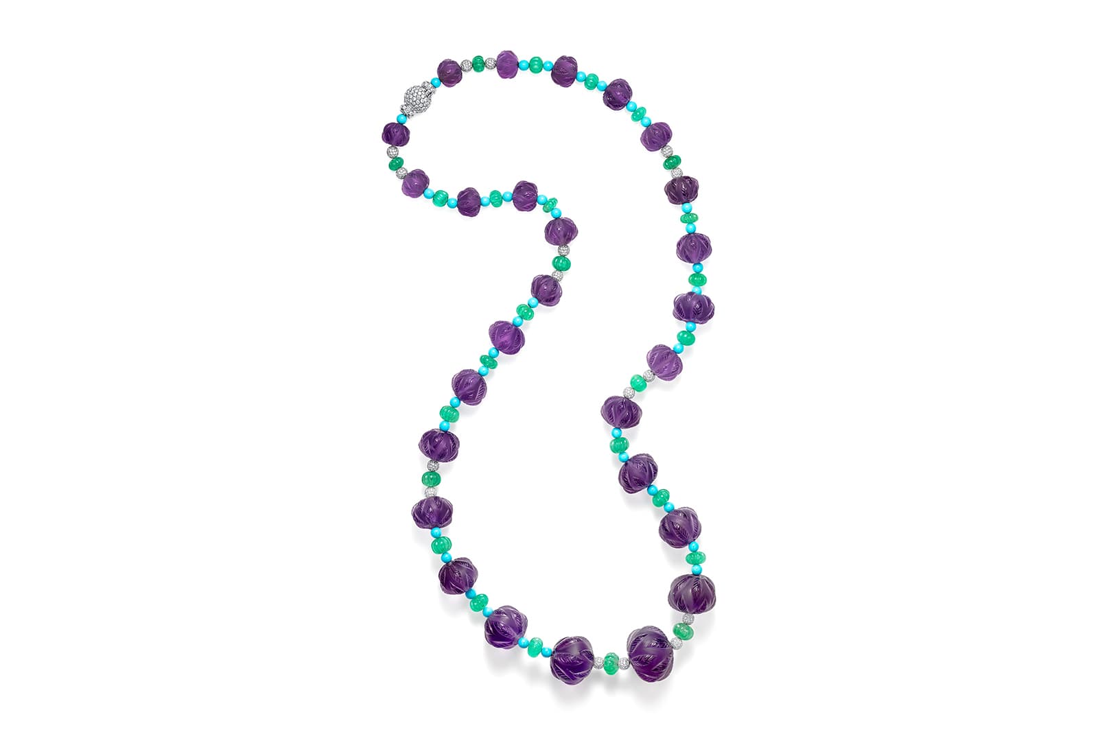 K&Co London Lovenia Heart necklace with carved amethysts, turquoise beads and diamond pavé orbs in white gold 