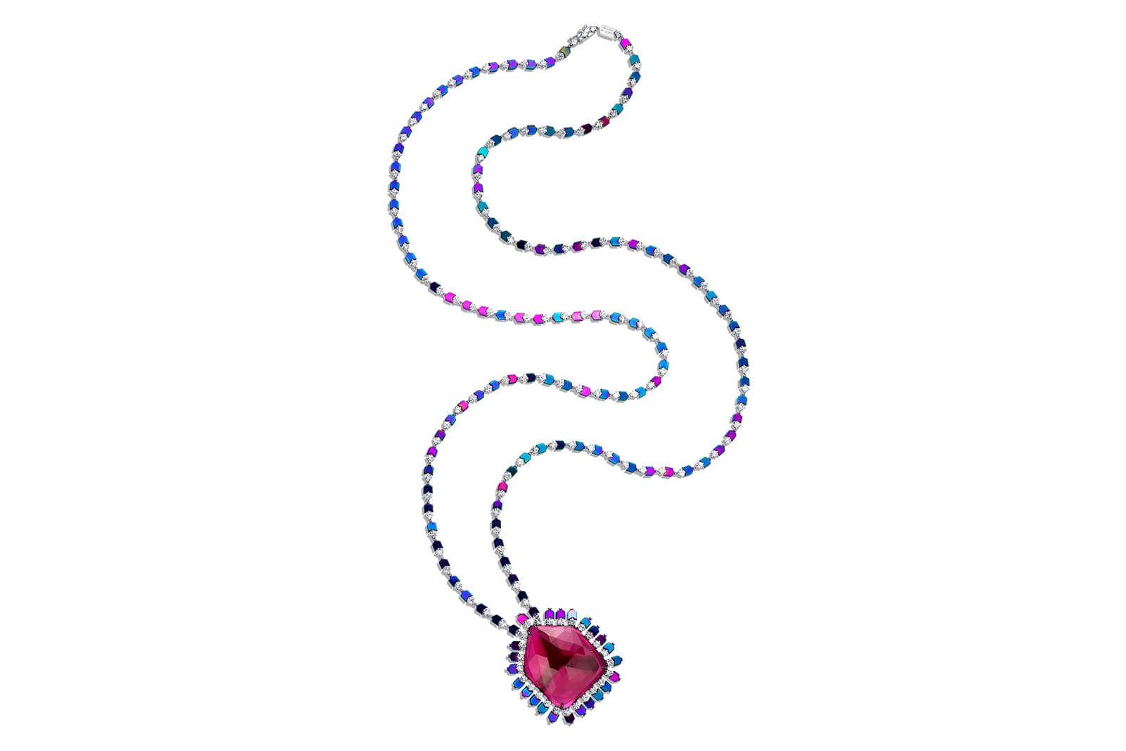 K&Co London Everlasting Love necklace with a rose-cut rubellite and diamonds in aluminium