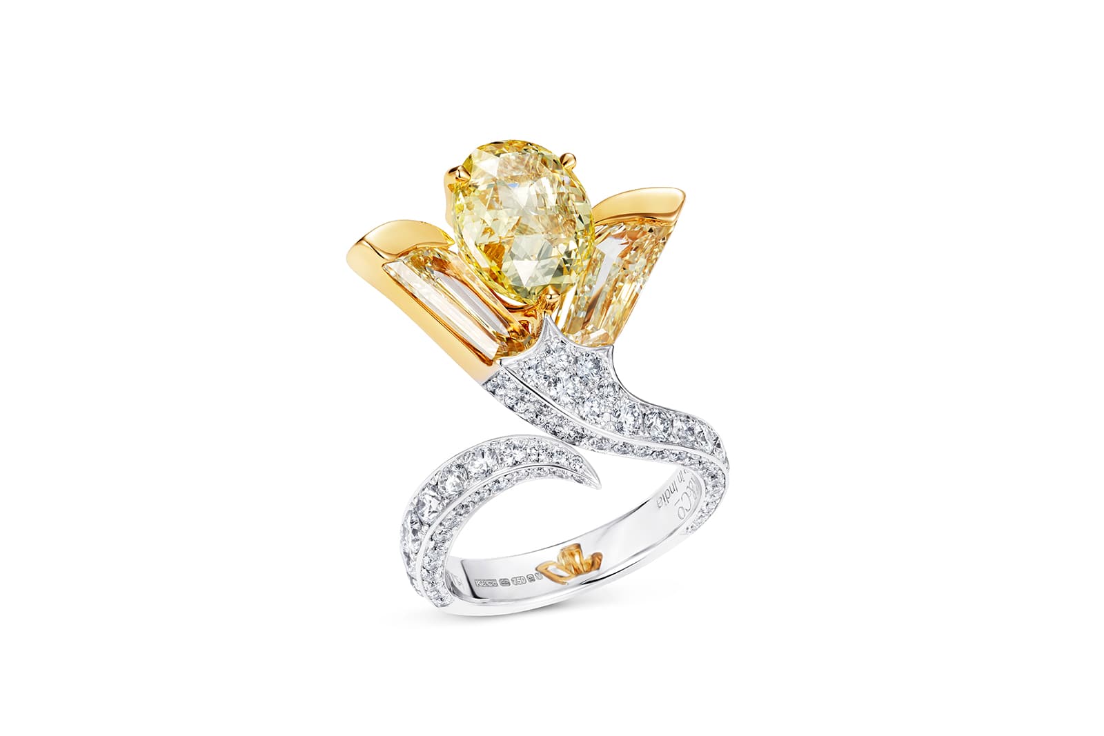  K&Co London Sun Salutation ring With round brilliant-cut diamonds, two tapered step-cut diamonds, a 3.5 carat fancy light-yellow rose-cut diamond, and a 1.2 carat fancy light yellow diamond