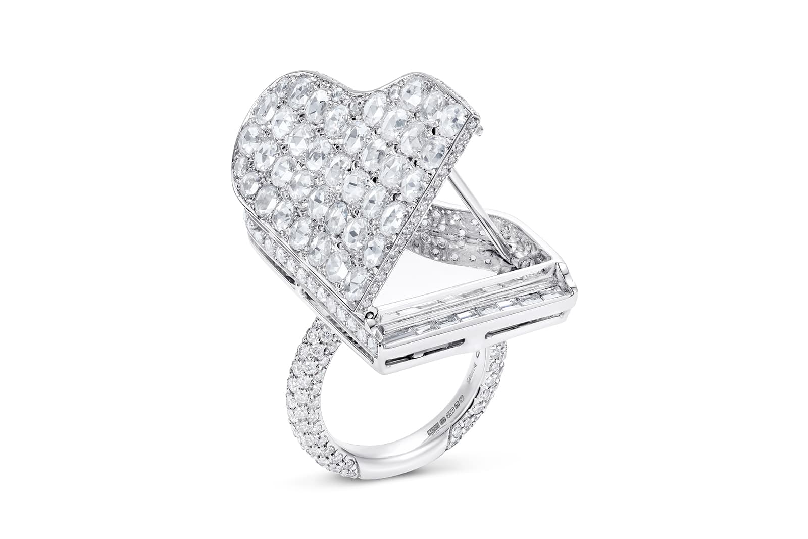  K&Co London Piano ring with a lid that can be opened and secured with a gold prop to reveal a mirror 