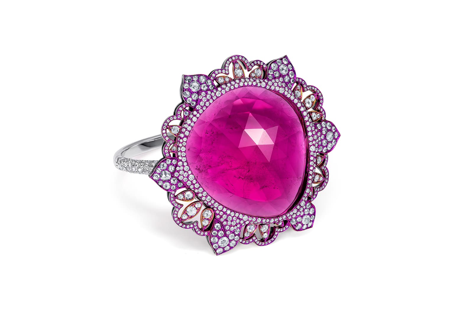 K&Co London Amansii cuff with a rose-cut rubellite and round- and rose-cut diamonds in anodised titanium