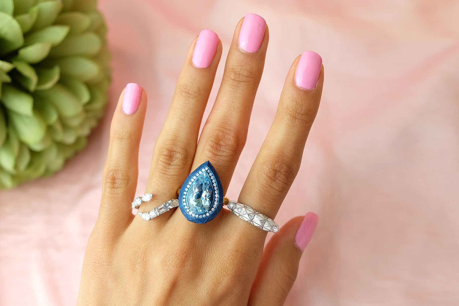 Sarah Ho gold, white gold, aquamarine and diamond Laguna ring and Candy Rock Numerati rings