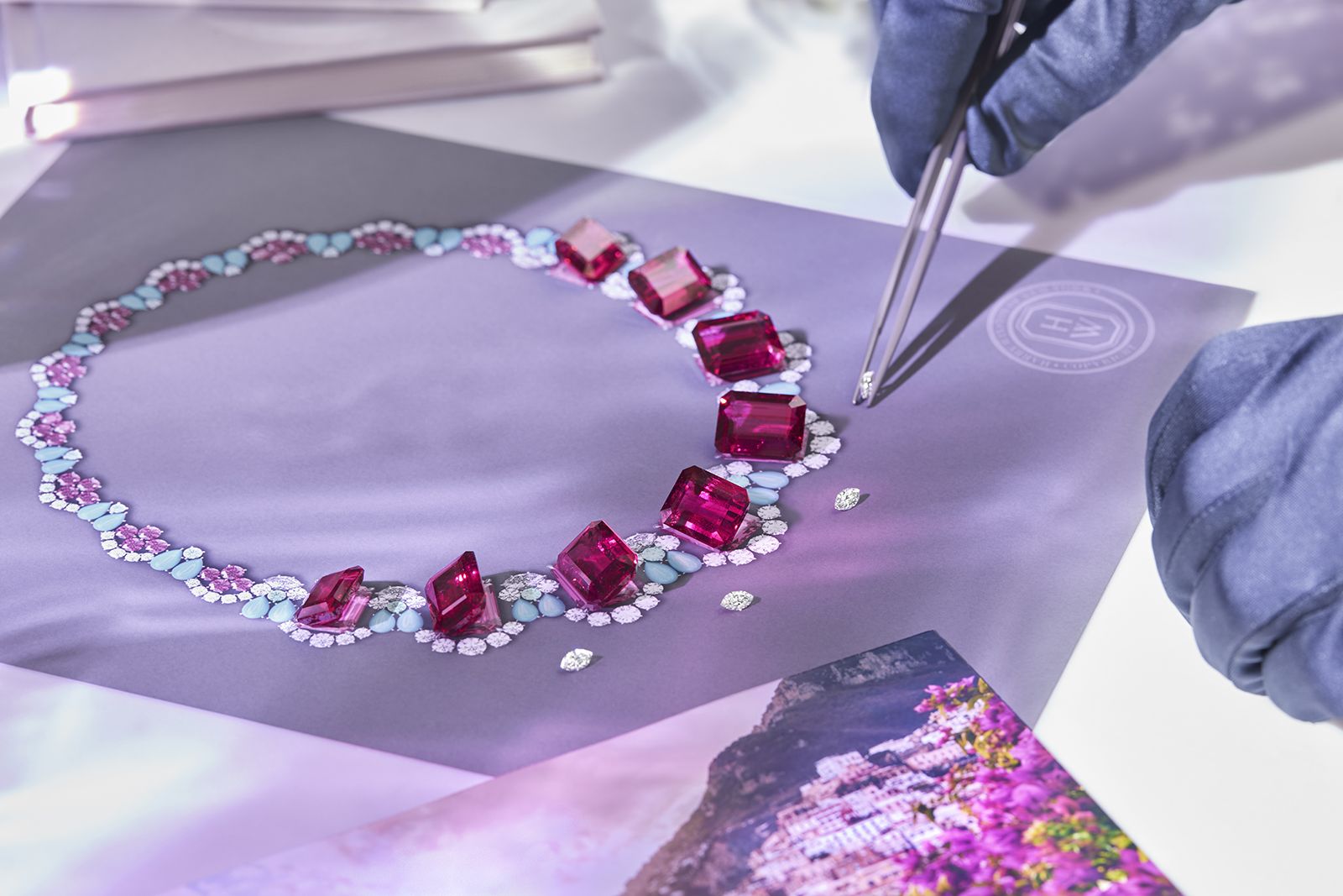 Making of Harry Winston rubellite, turquoise, diamond and white gold Amalfi necklace from the Majestic Escapes High Jewellery collection 