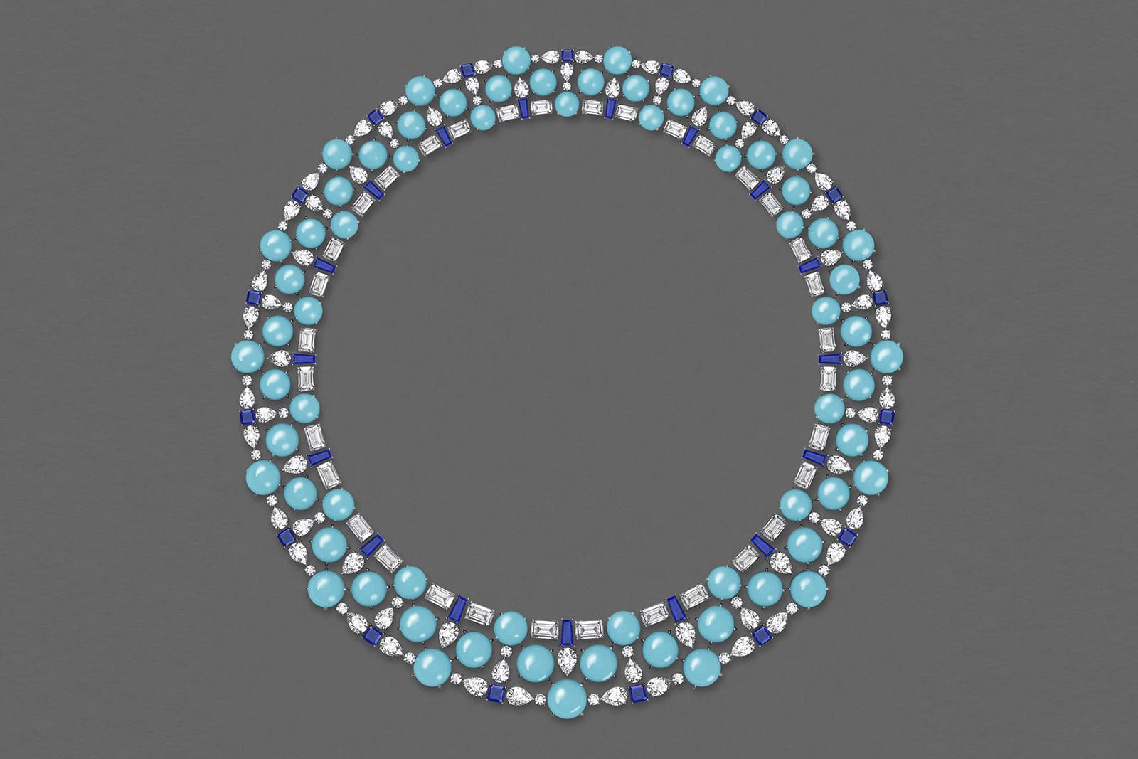  Rendering of Harry Winston cabochon turquoise, sapphire, diamond and white gold Fiji necklace from the Majestic Escapes High Jewellery collection 