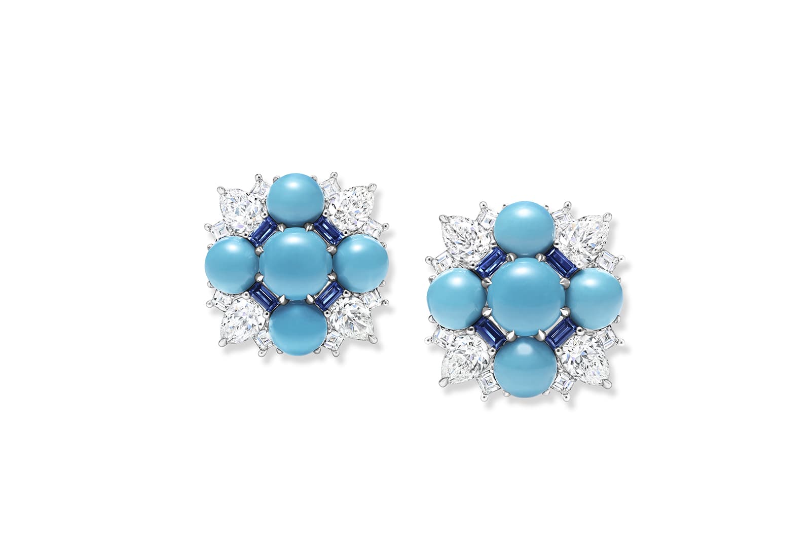  Harry Winston cabochon turquoise, sapphire, diamond and white gold Fiji earrings from the Majestic Escapes High Jewellery collection 
