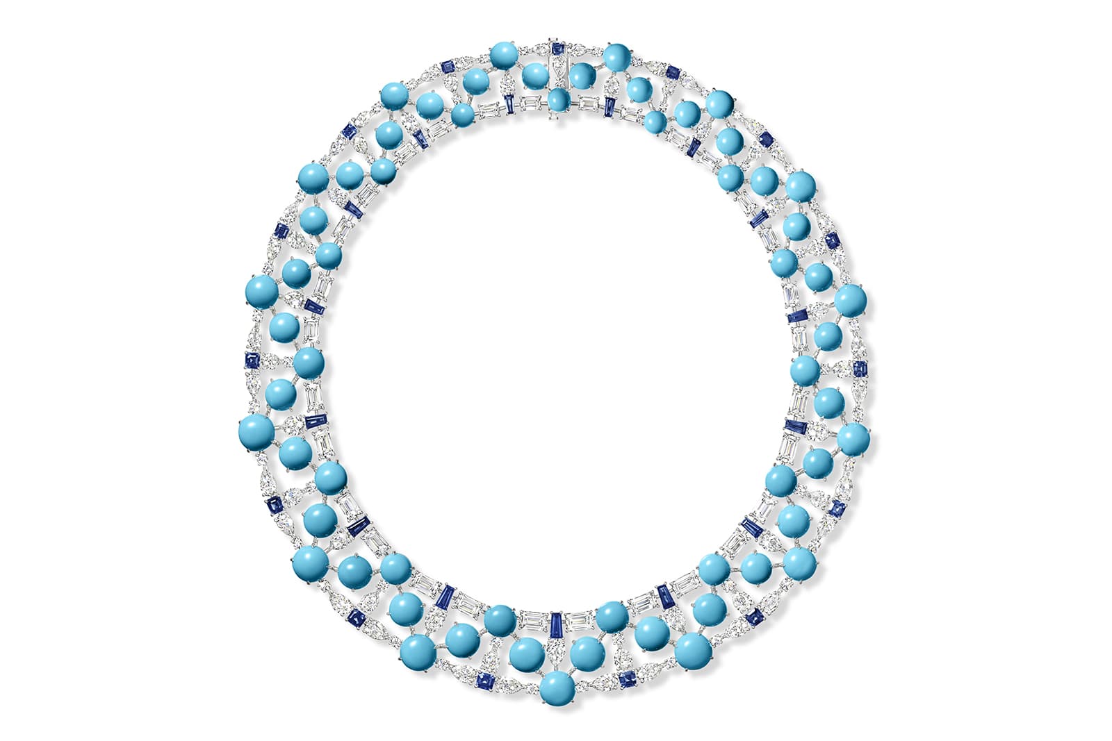 Harry Winston cabochon turquoise, sapphire, diamond and white gold Fiji necklace from the Majestic Escapes High Jewellery collection 