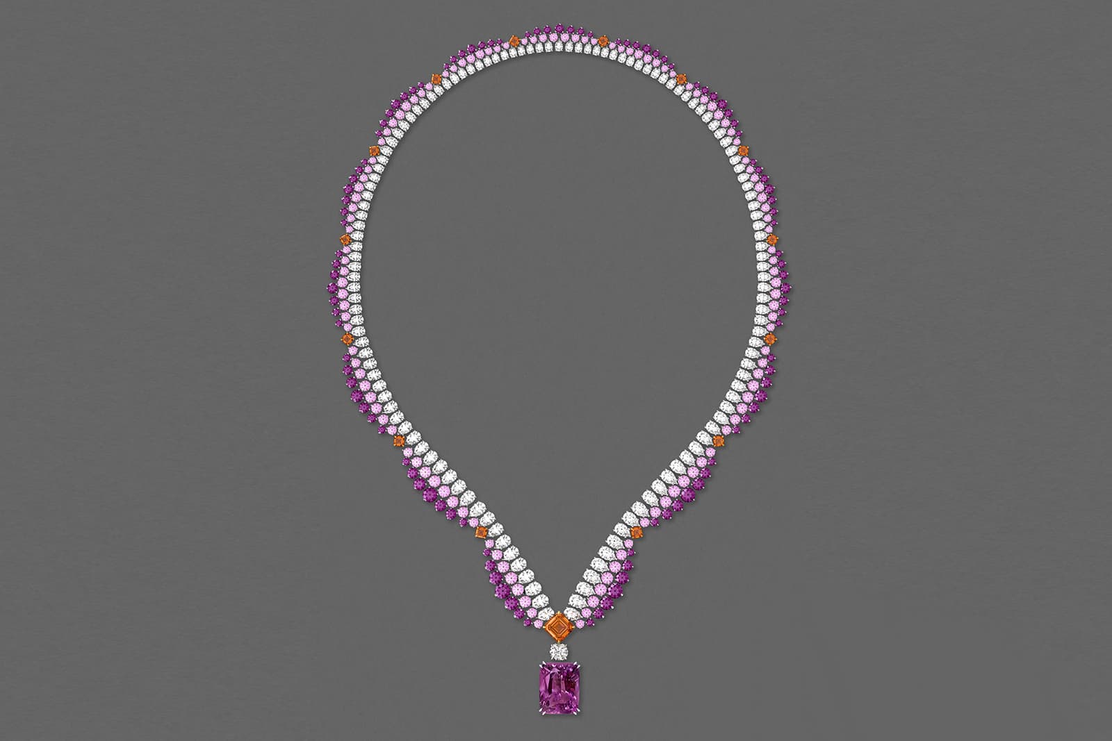  Rendering of Harry Winston purple and pink sapphire, orange spessartites, diamond and white gold Grand Canyon necklace from the Majestic Escapes High Jewellery collection