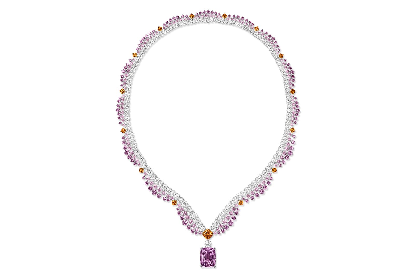 Harry Winston purple and pink sapphire, orange spessartites, diamond and white gold Grand Canyon necklace from the Majestic Escapes High Jewellery collection