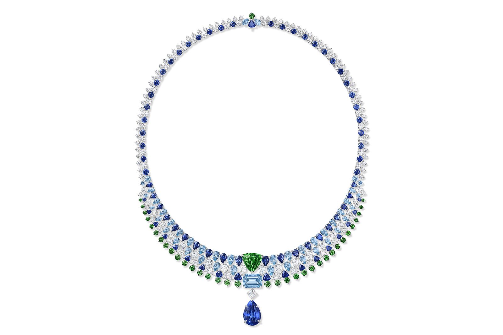 Harry Winston aquamarine, sapphire, emerald, diamond and white gold Marrakech necklace from the Majestic Escapes High Jewellery collection