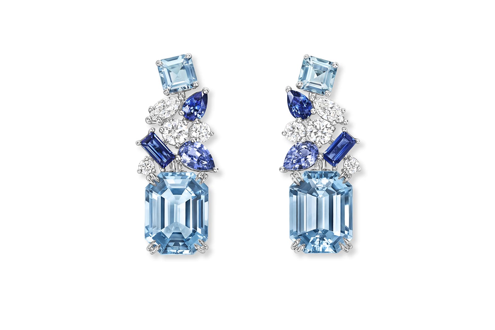  Harry Winston aquamarine, sapphire, diamond and white gold Santorini earrings from the Majestic Escapes High Jewellery collection 