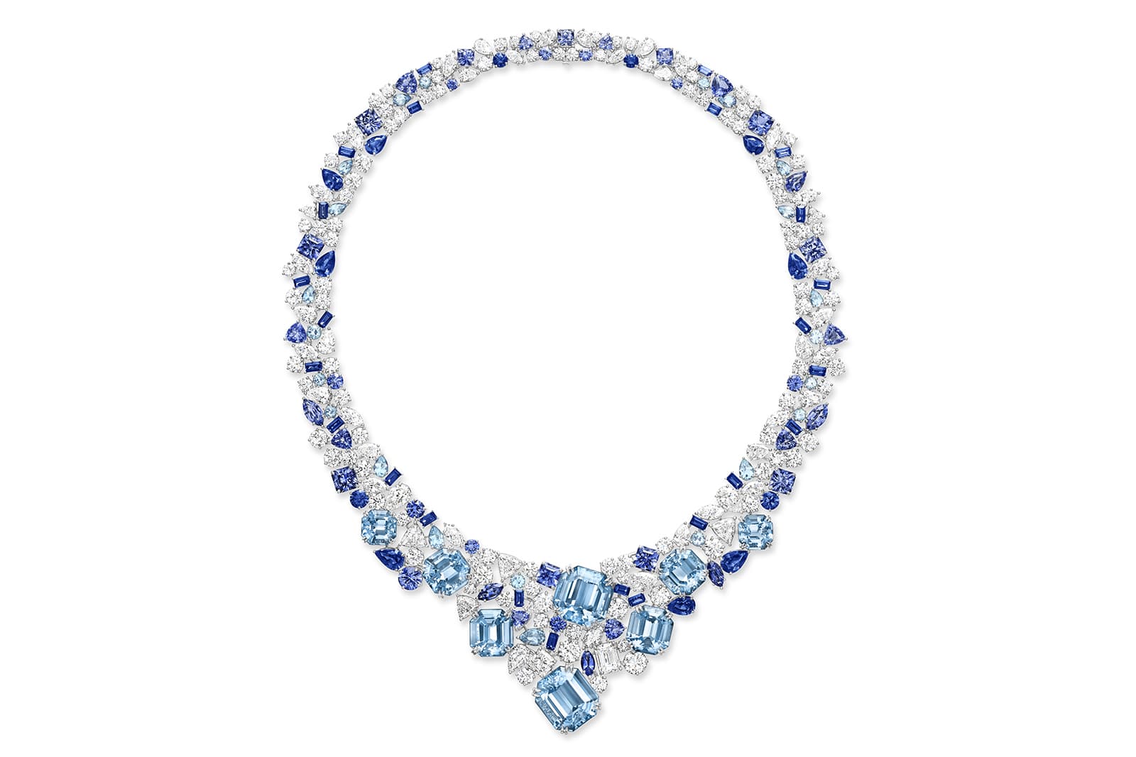 Harry Winston aquamarine, sapphire, diamond and white gold Santorini necklace from the Majestic Escapes High Jewellery collection 