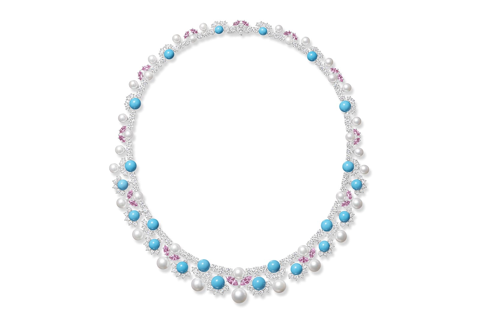 Harry Winston turquoise beads, white pearls, pink sapphire, diamond and white gold Okinawa necklace from the Majestic Escapes High Jewellery collection 