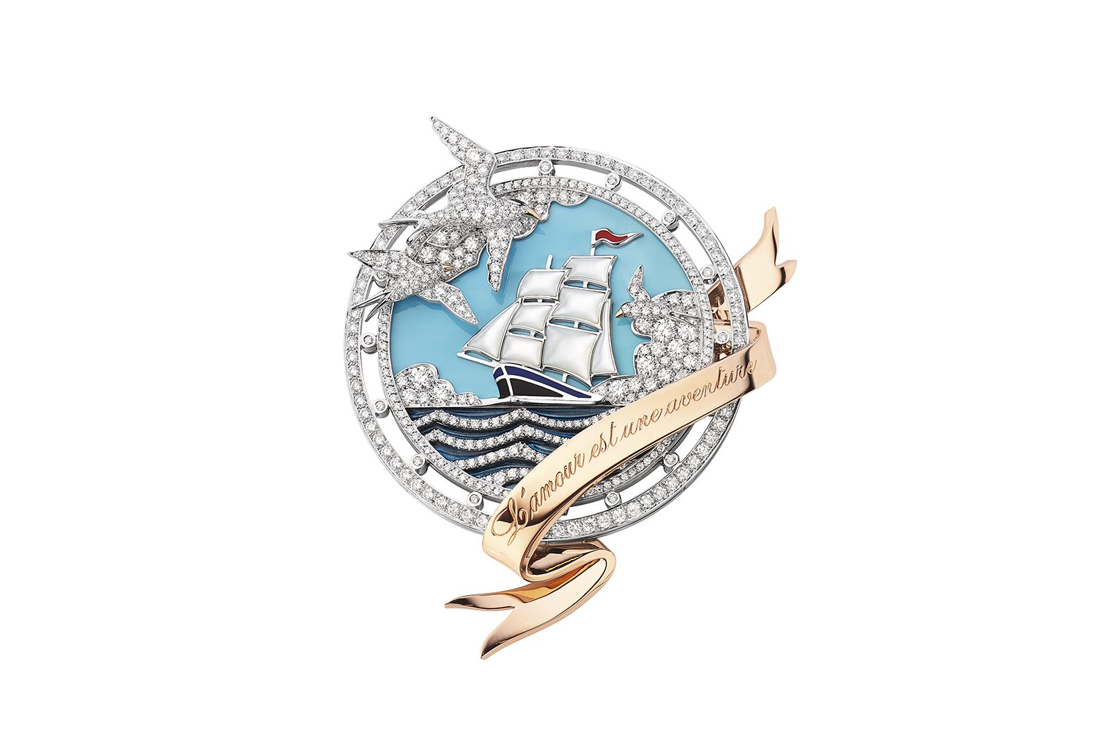  Chaumet Ondes et Merveilles de Chaumet Encres transformable brooch in white, pink & yellow gold, set with turquoise, mother-of-pearl, Grand Feu enamel and brilliant-cut diamonds
