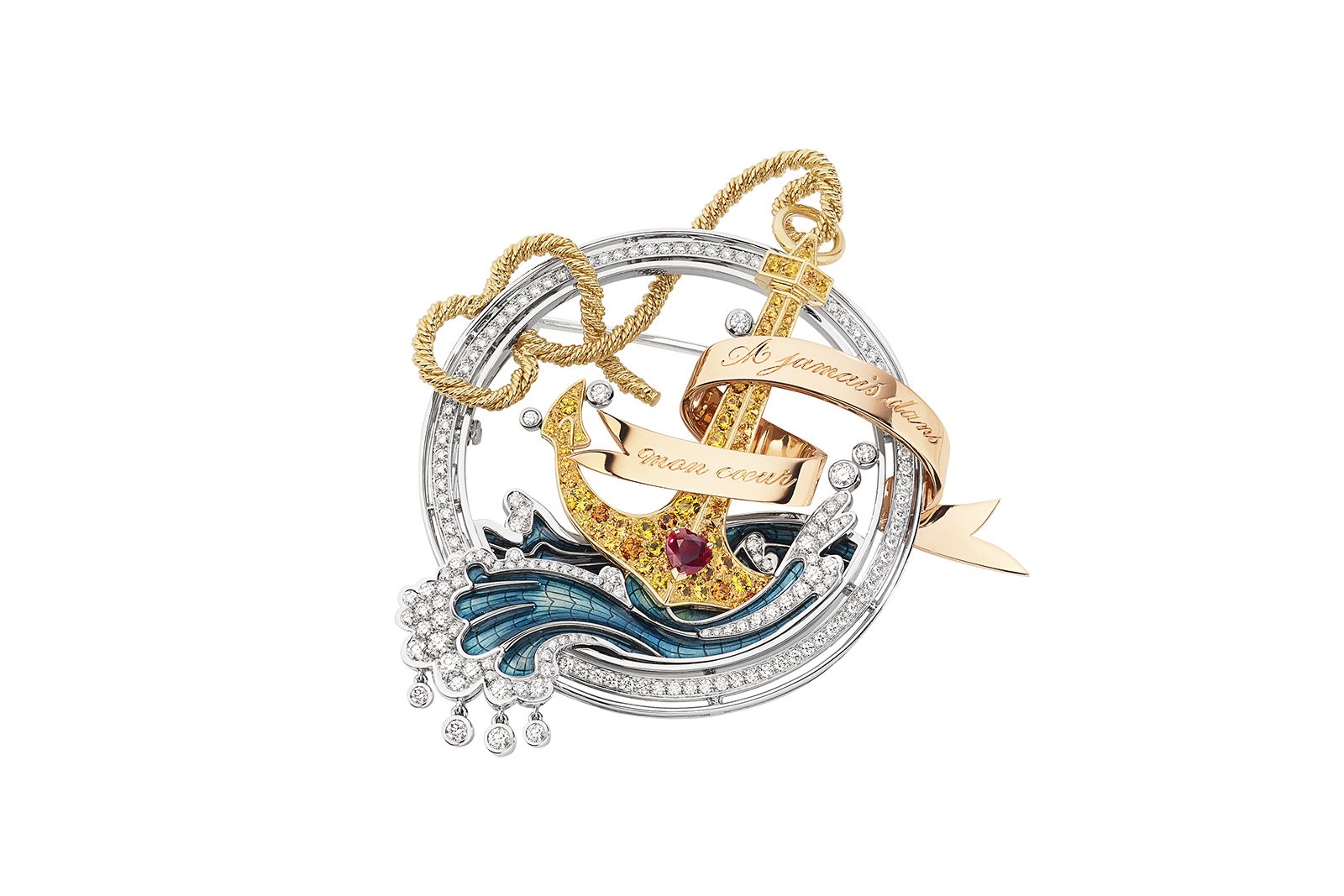  Chaumet Ondes et Merveilles de Chaumet Encres transformable brooch iin white, pink & yellow gold, set with a heart- shaped ruby, round sapphires & spessartite garnets, Grand Feu enamel and brilliant-cut diamonds