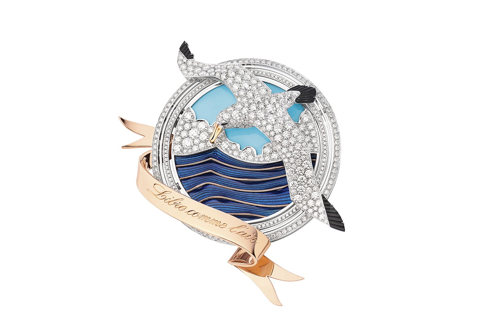  Chaumet Ondes et Merveilles de Chaumet Encres transformable broochin white, rose & yellow gold, set with turquoise, onyx, Grand Feu enamel and brilliant- cut diamonds
