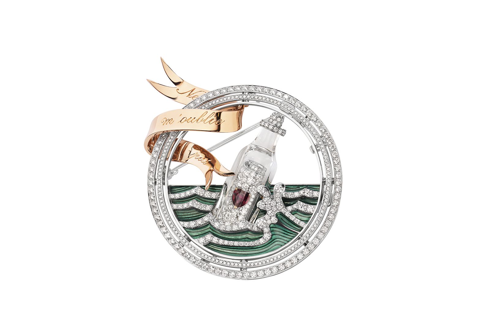  Chaumet Ondes et Merveilles de Chaumet Encres transformable brooch in white, pink and yellow gold, set with a heart shaped ruby, craved rock crystal, Grand Feu enamel and brilliant-cut diamonds