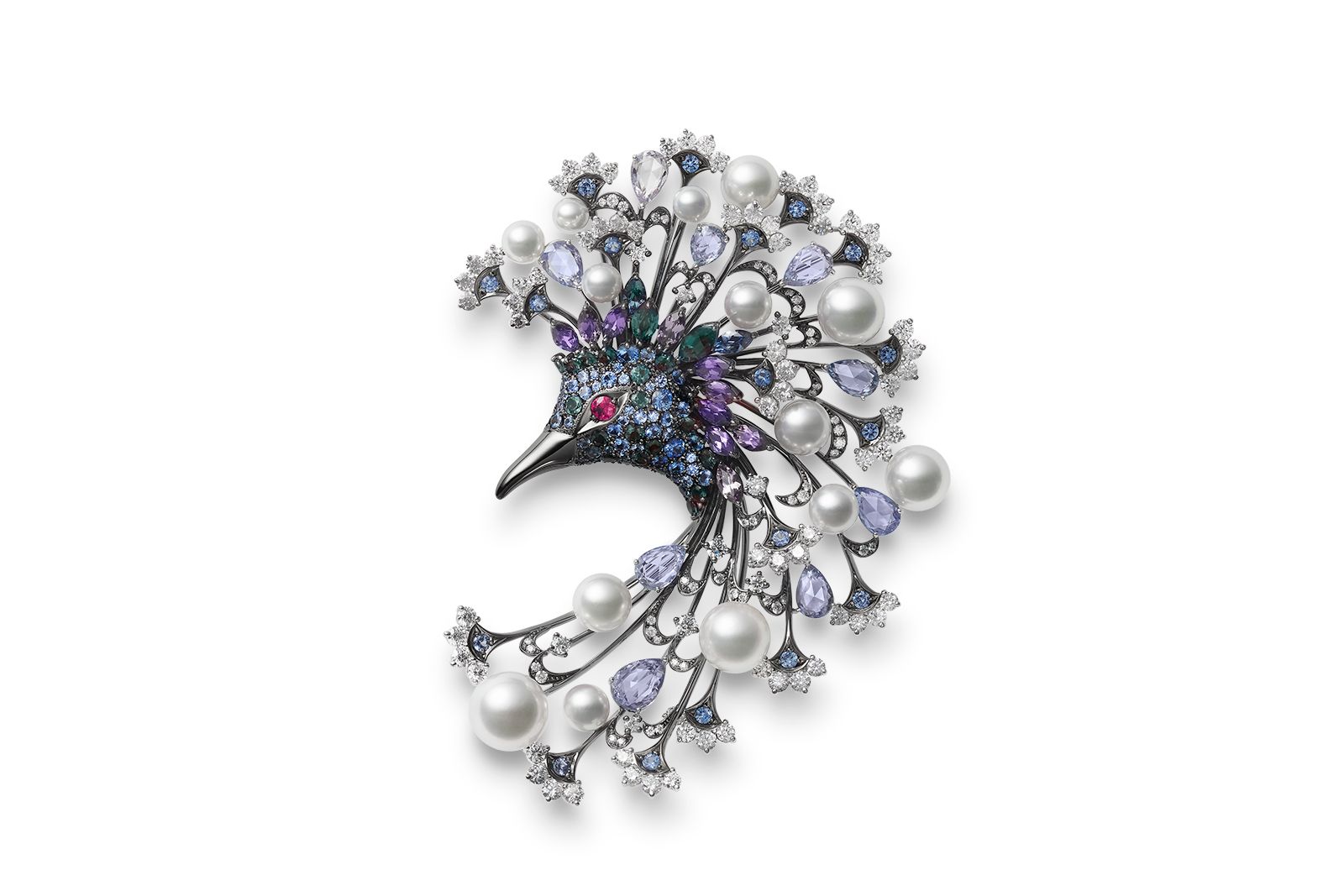  Mikimoto Australia Victoria Crowned Pigeon brooch in 18k white gold with Akoya cultured pearls, sapphire, ruby, alexandrite, spinel, tourmaline and diamonds from the Wild and Wonderful High Jewellery collection