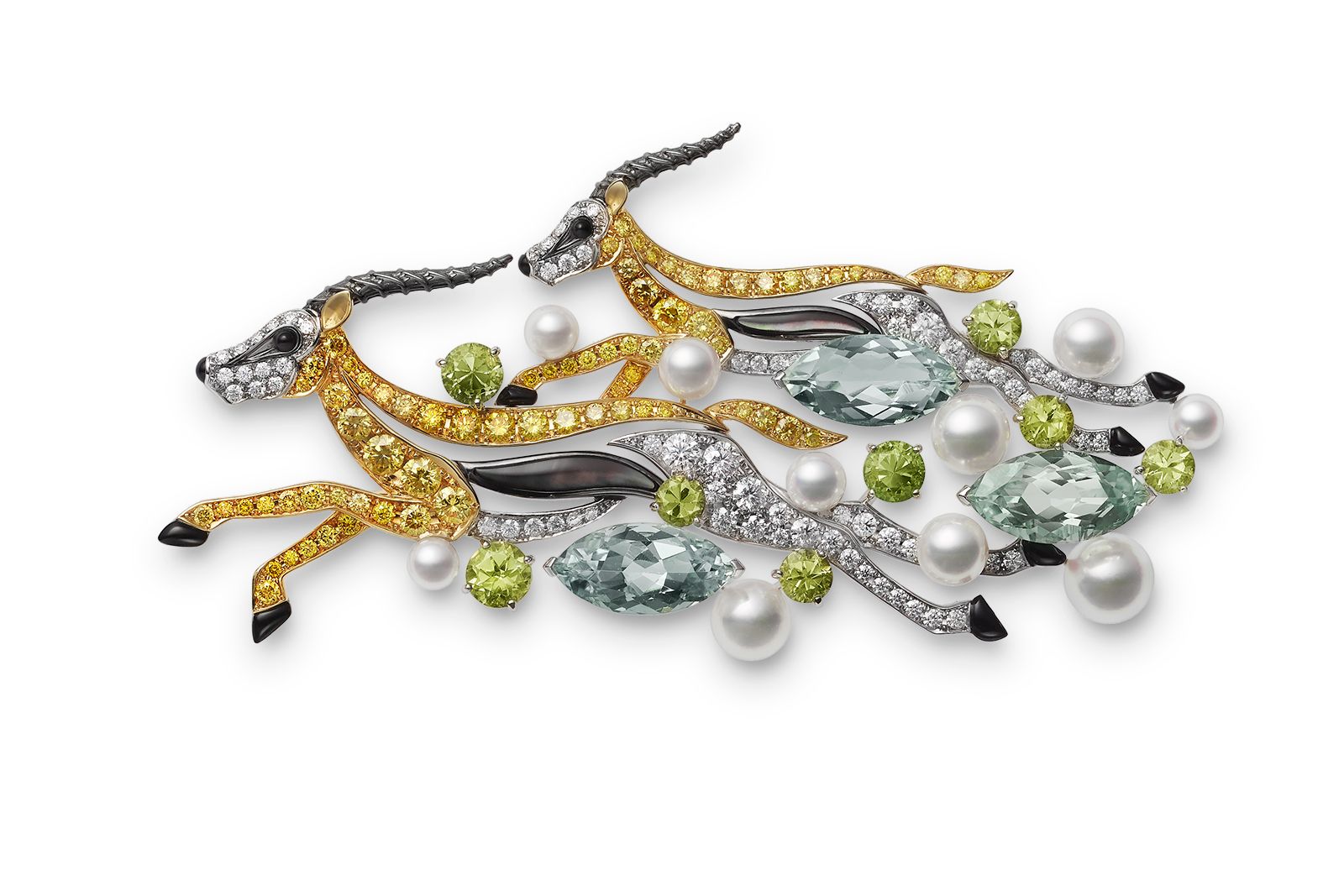  Mikimoto Africa Gazelle brooch in 18K white and yellow gold with Akoya cultured pearls, beryl, garnet, onyx, diamonds and mother of pearl from the Wild and Wonderful High Jewellery collection