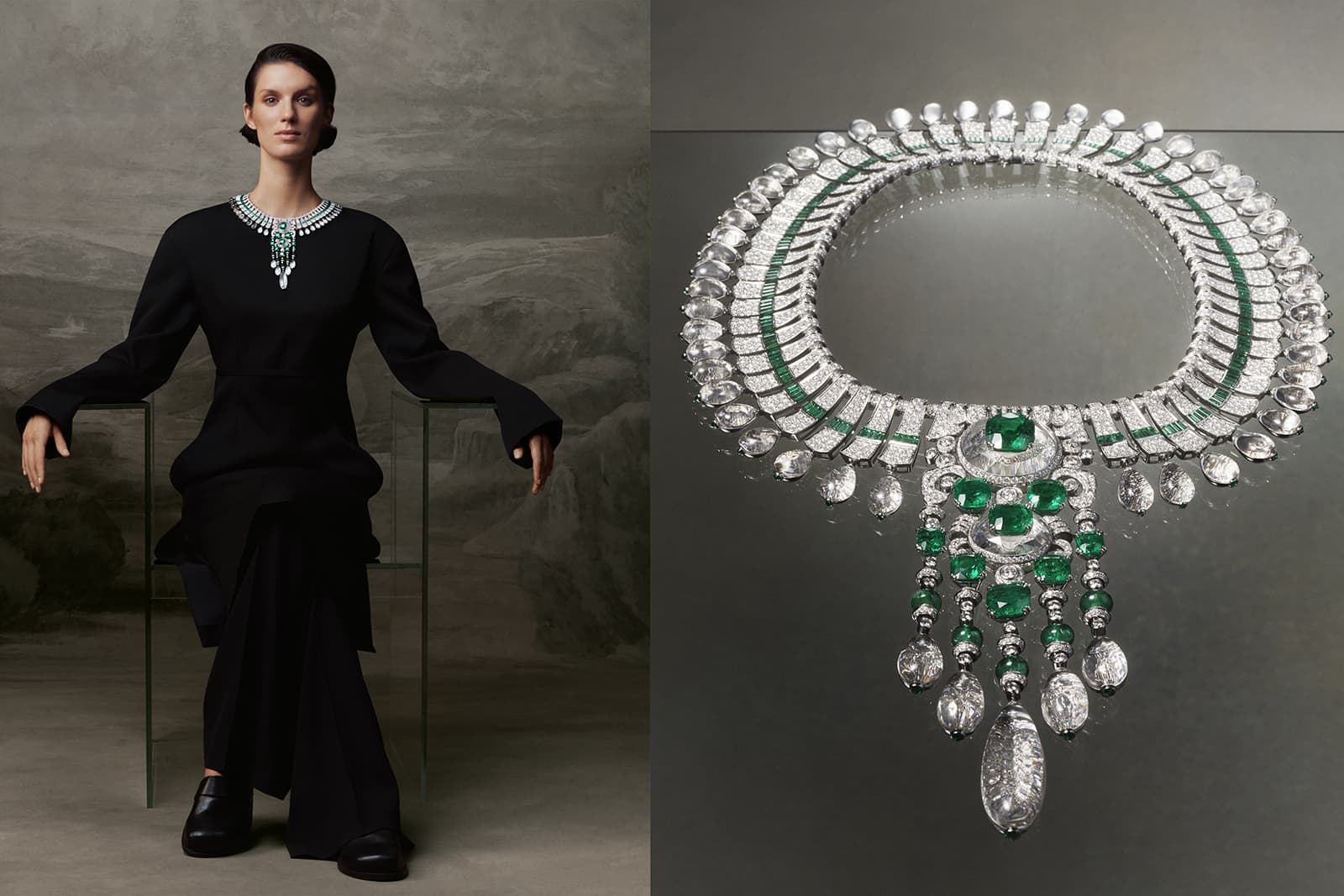 Boucheron New Maharajah Necklace set with nine Colombian cushion-cut emeralds for a total of 38.73 carats, diamonds, rock crystal and emeralds in platinum and white gold from the Histoire de Style New Maharajahs High Jewellery Collection