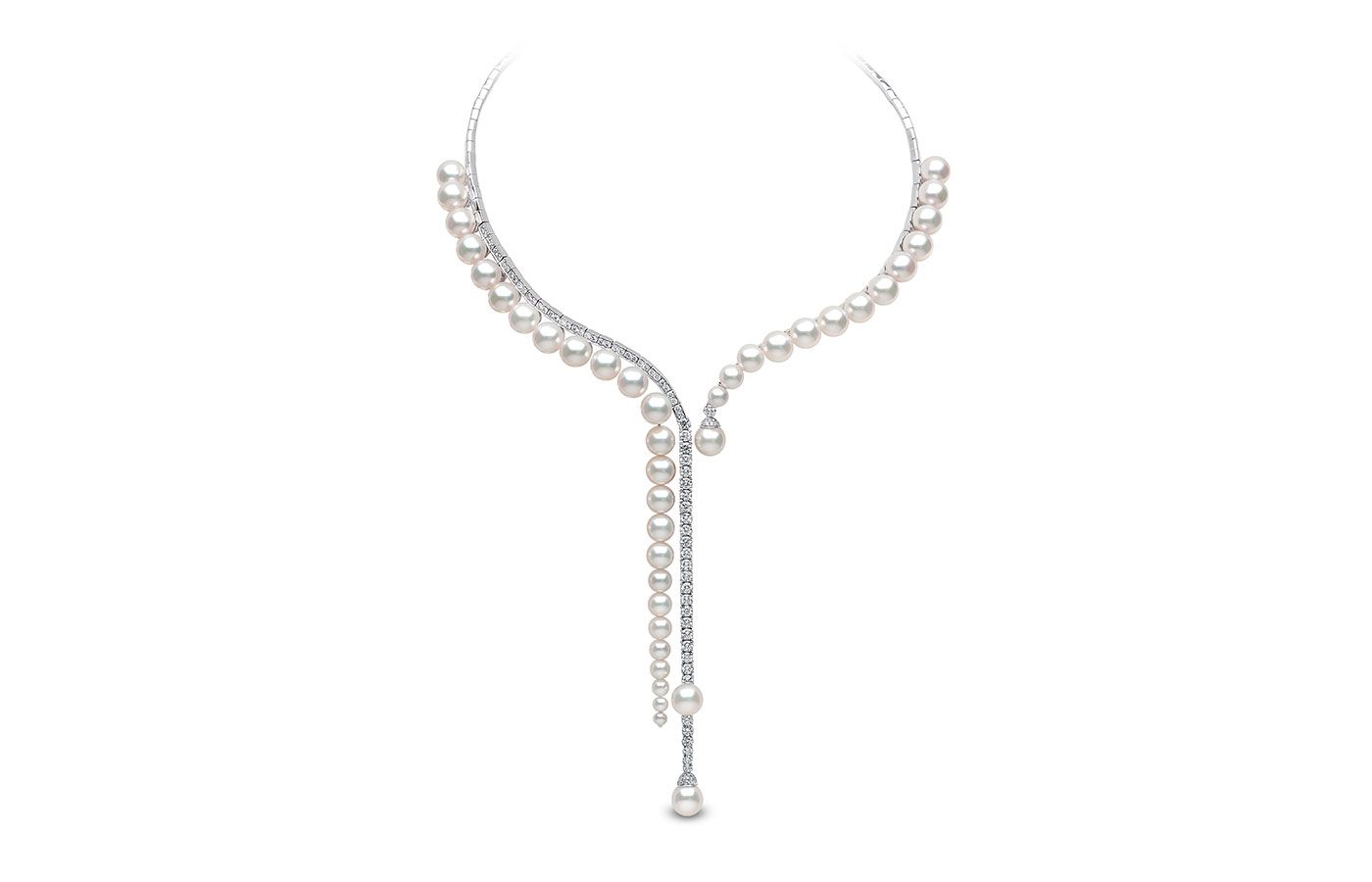  One of a kind ‘Waterfall’ necklace from the Yoko London High Jewellery Collection, featuring Akoya pearls and diamonds