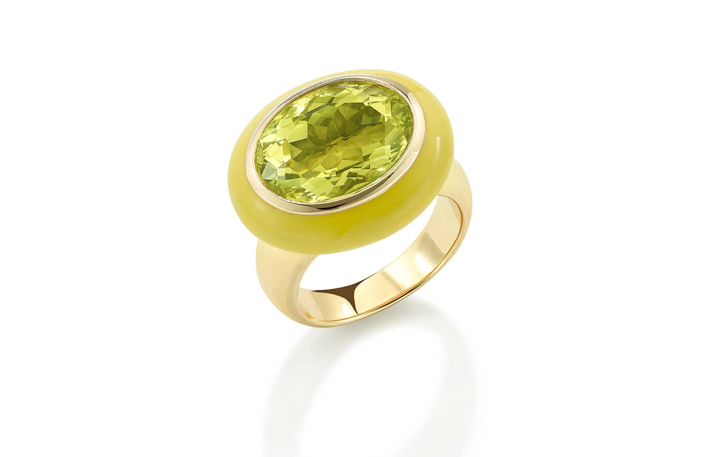 Robinson Pelham Arena ring with a 7.52 carat yellow beryl and yellow enamel in 14k yellow gold