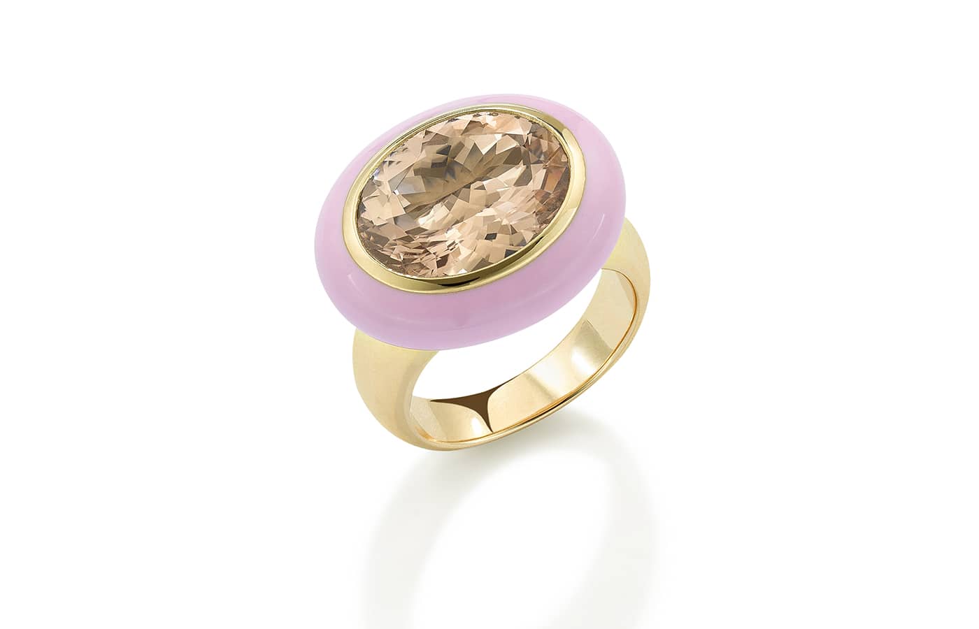  Robinson Pelham Arena ring with a 5.88 carat morganite and light pink enamel in 14k yellow gold