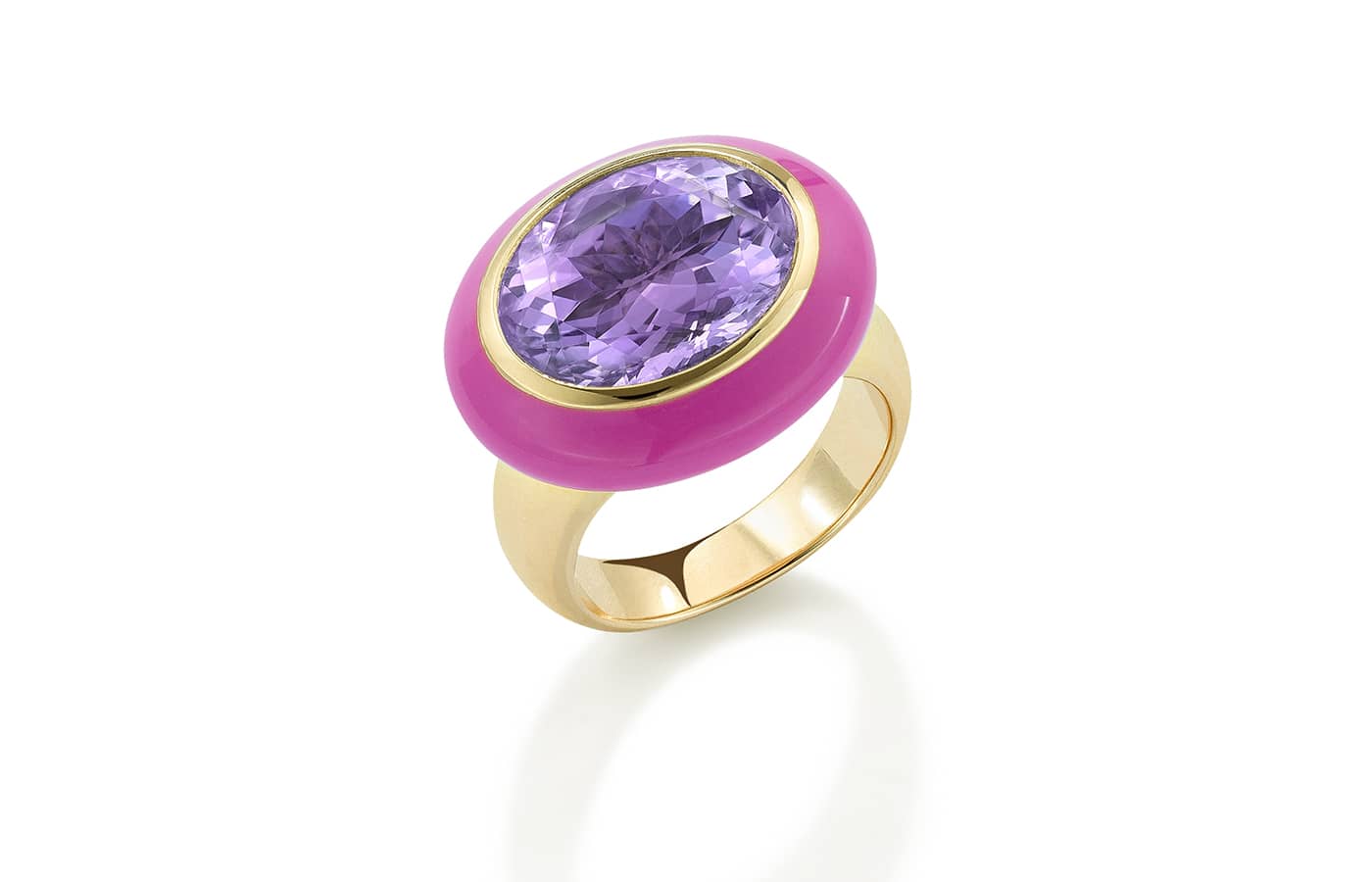  Robinson Pelham Arena ring with a 7.46 carat lilac amethyst and hot pink enamel in 14k yellow gold