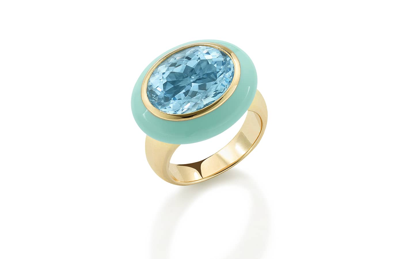  Robinson Pelham Arena ring with a 9.17 carat blue topaz and light blue enamel in 14k yellow gold