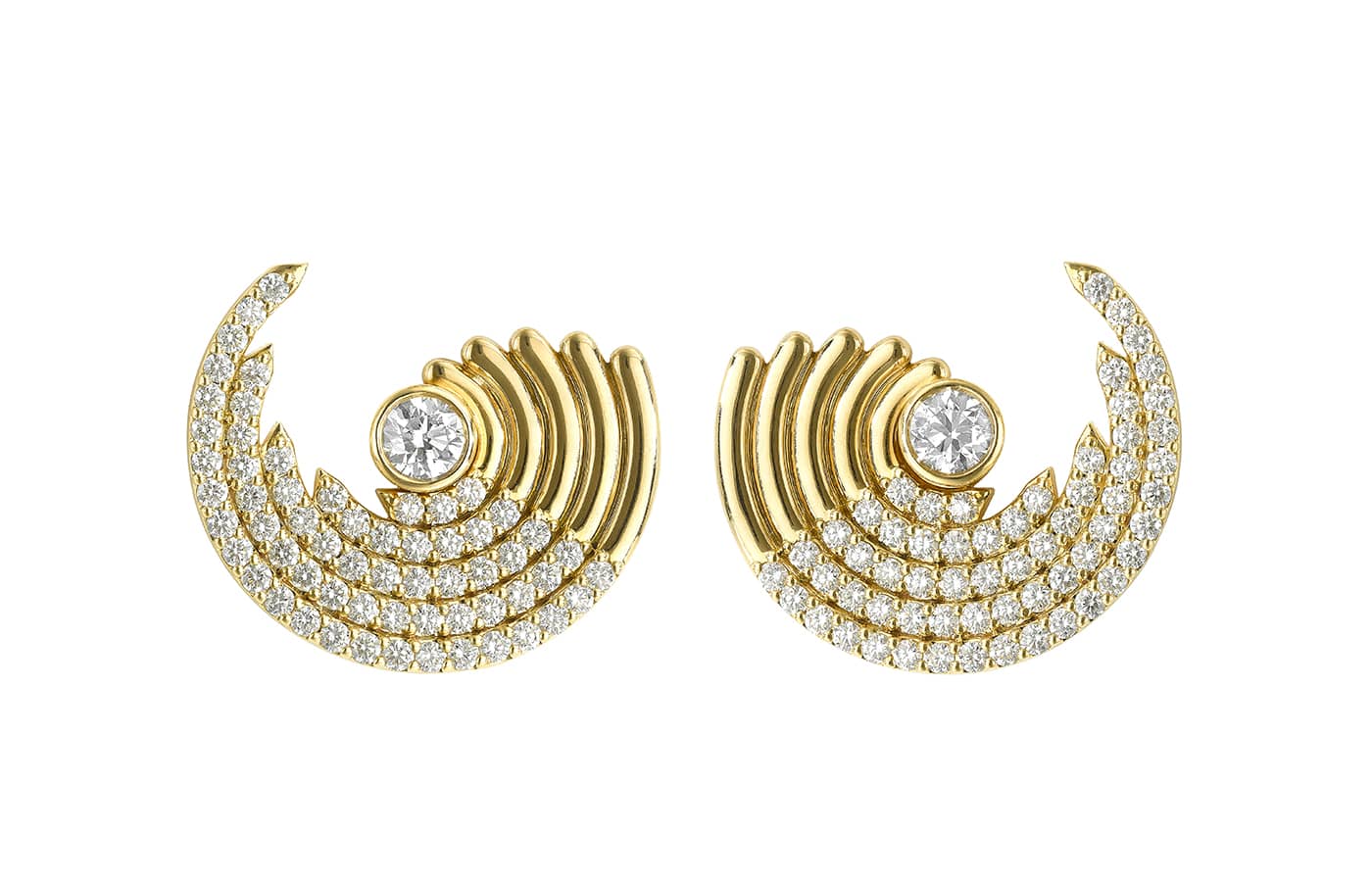 Robinson Pelham Zouk large diamond earrings with 2.90 carats of diamonds in 18k yellow gold 