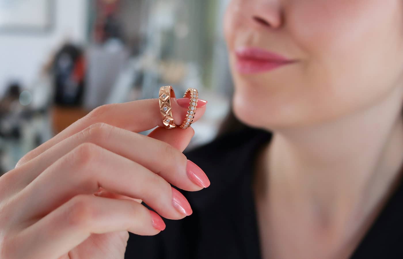 Ferrat Paris Triomphe wedding ring (left) and the Don’t Take Me For Granted Alliance ring, both with diamonds in rose gold