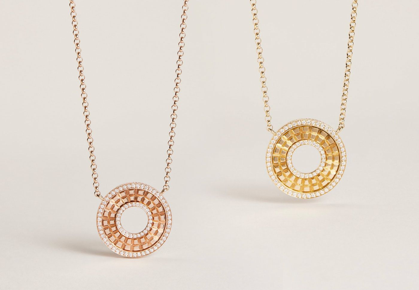  Ferrat Paris Triomphe Double Round necklaces with diamonds in rose and yellow gold