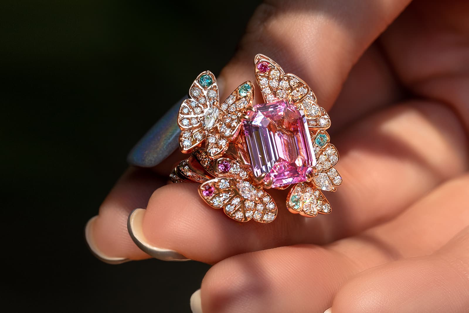  MADLY pink sapphire, diamond spinel and Paraiba tourmaline butterflies ring