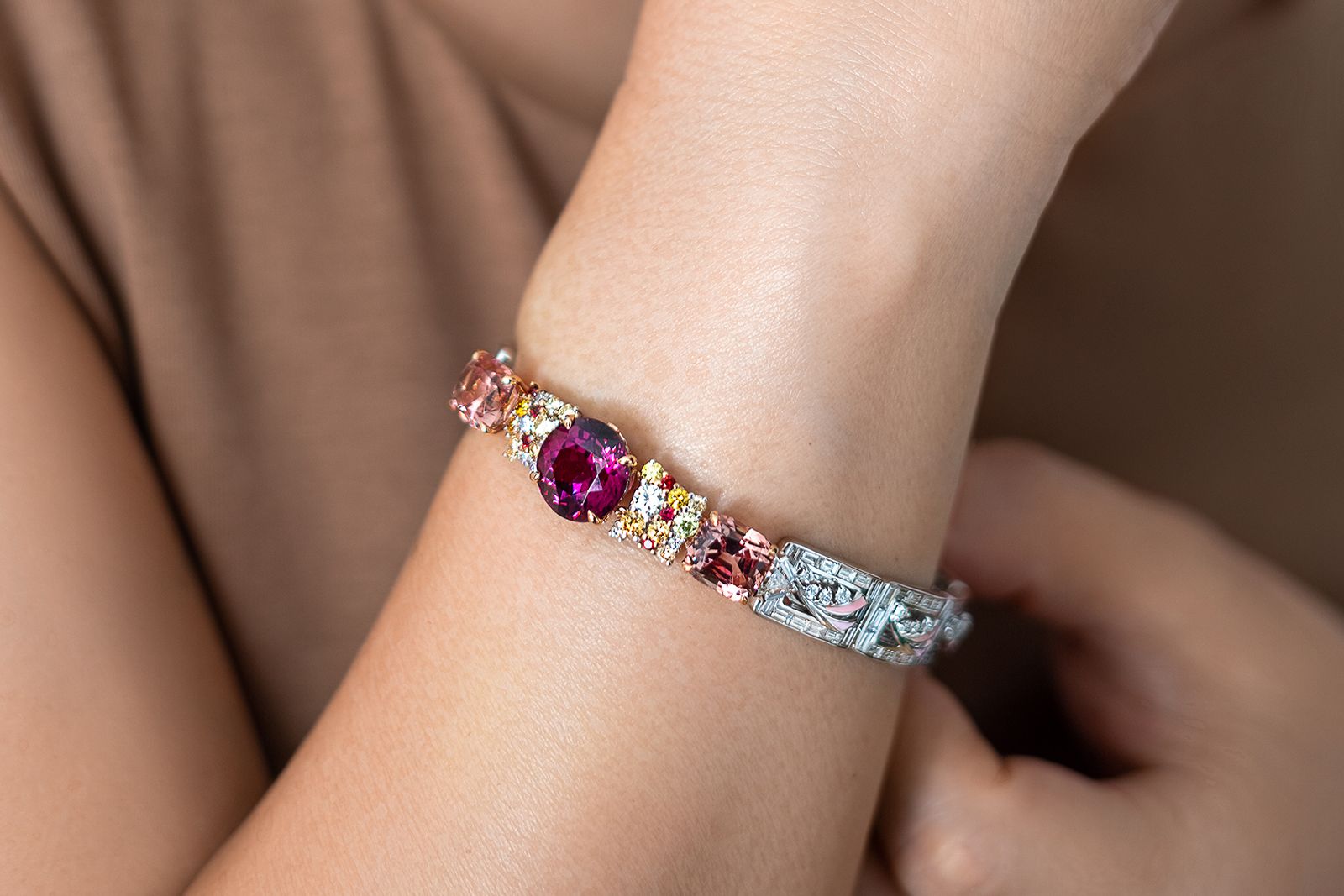  MADLY Rhodolite garnet, Malaia garnet, red spinel, diamond and enamel bracelet