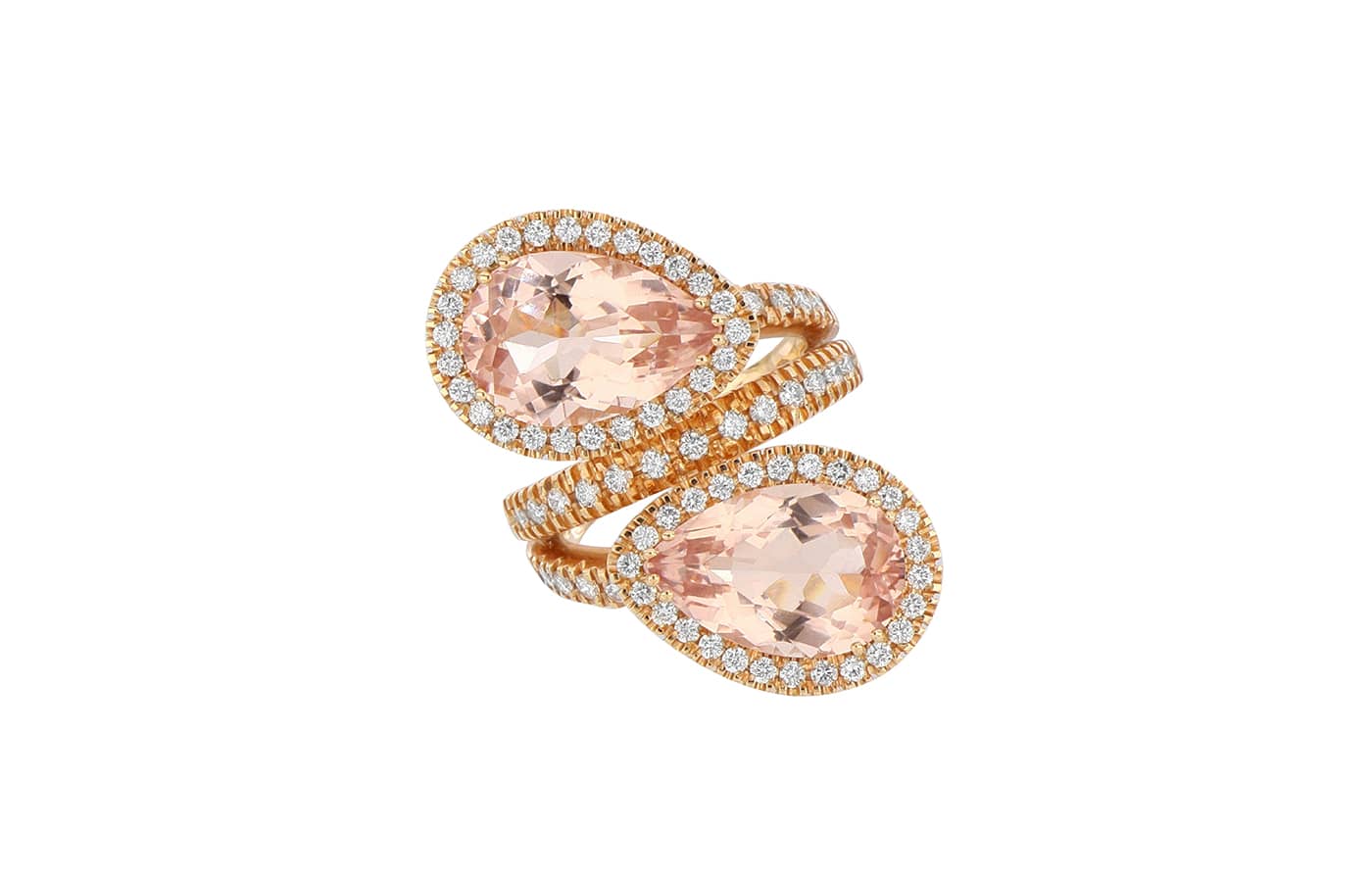  De' Lazzari-Oro Addosso ring with two pear-shaped morganites and diamonds in rose gold