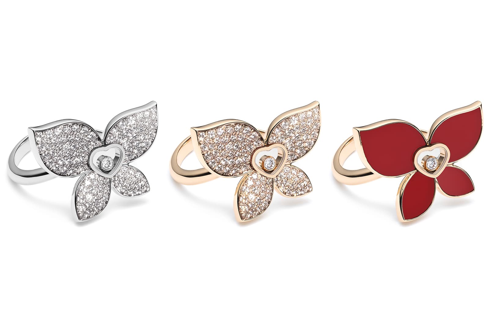 Chopard gold, diamond and carnelian Happy Butterfly rings from the Chopard X Mariah Carey Collection