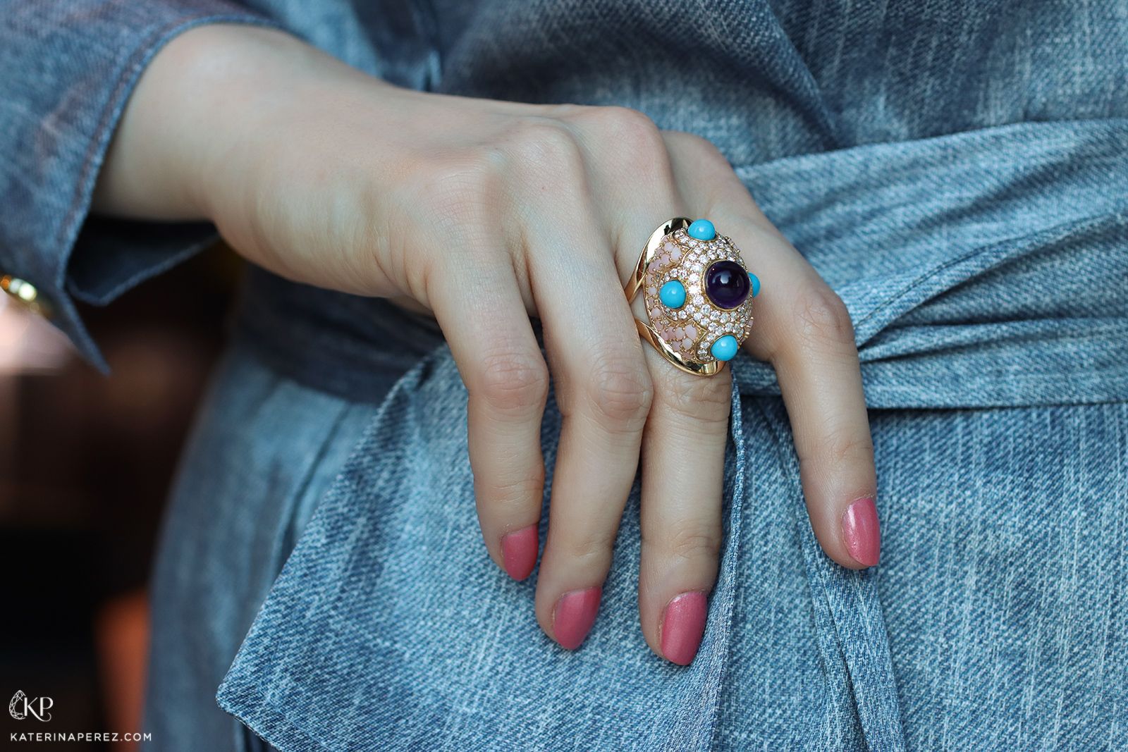  TOKTAM Qajar ring with turquoise, amethyst and pink opal from the Majestic collection