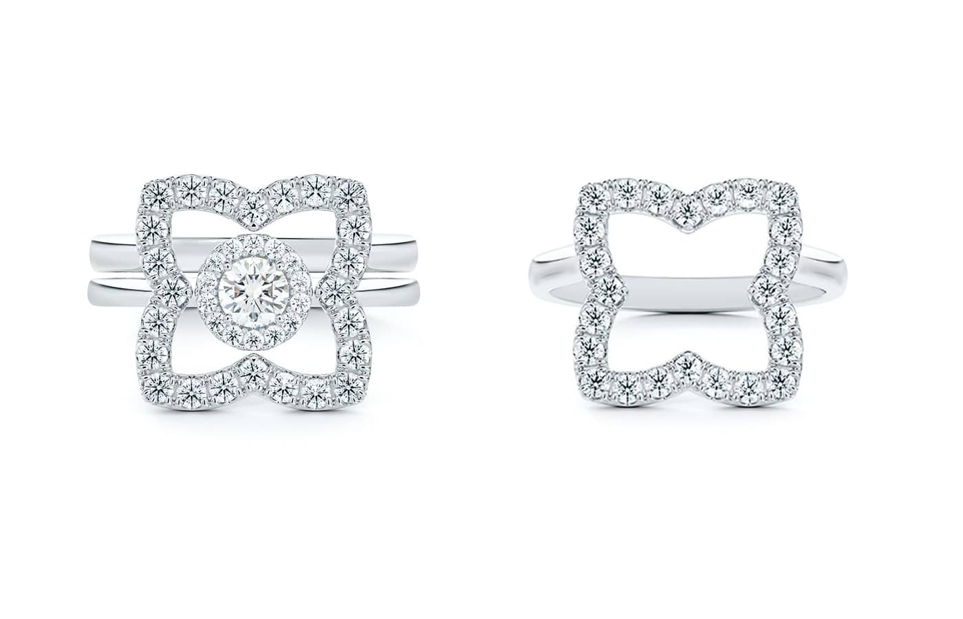  De Beers platinum Enchanted Lotus crown ring set with 0.35 carats of diamonds worn with a My First De Beers engagement ring with 0.2ct solitaire and 0.1ct diamond halo