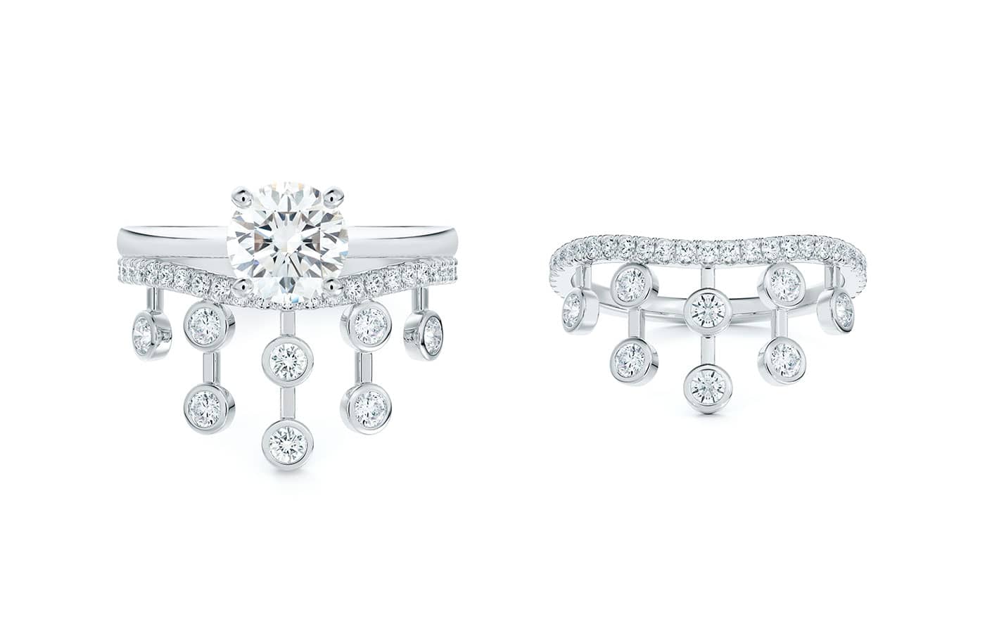  De Beers platinum Dewdrop Crown ring set with 0.35 carats of diamonds worn with a Classic engagement ring with a round brilliant diamond