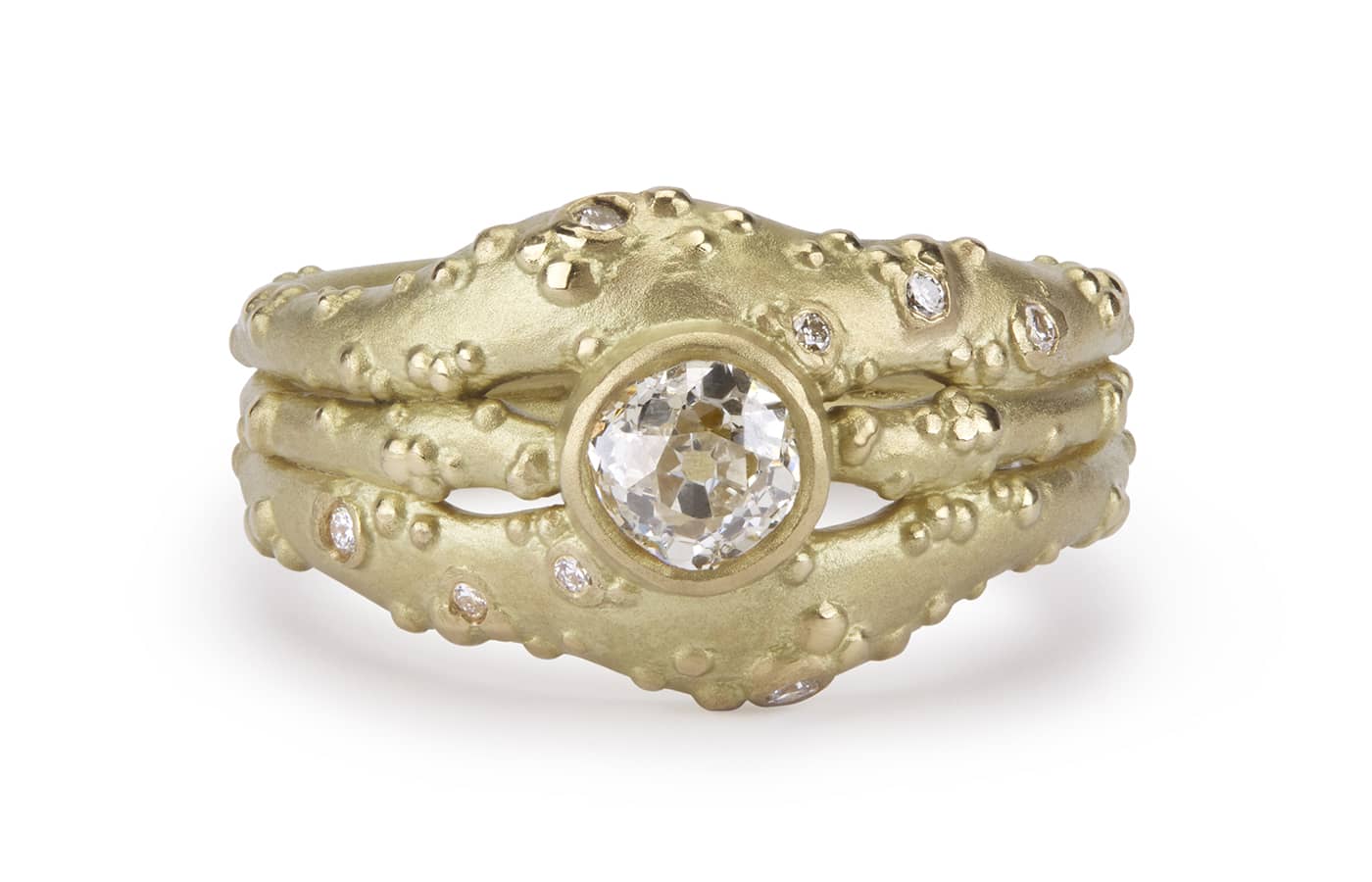  Judith Peterhoff 18k yellow gold Orno extra-wide statement ring set with a 0.5ct old-cut diamond