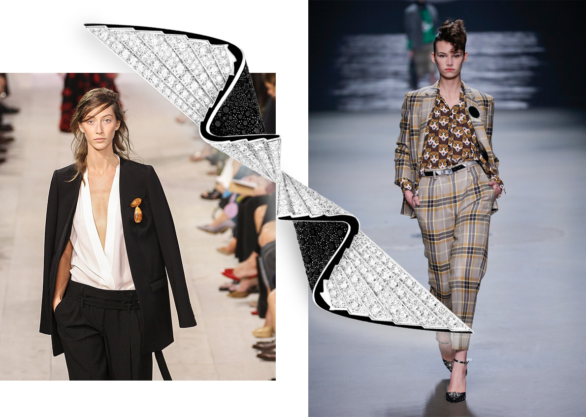 Michel Kors catwalk, Boucheron 26 Vendome brooch with black and white diamonds, SIS by Spijkers en Spijkers