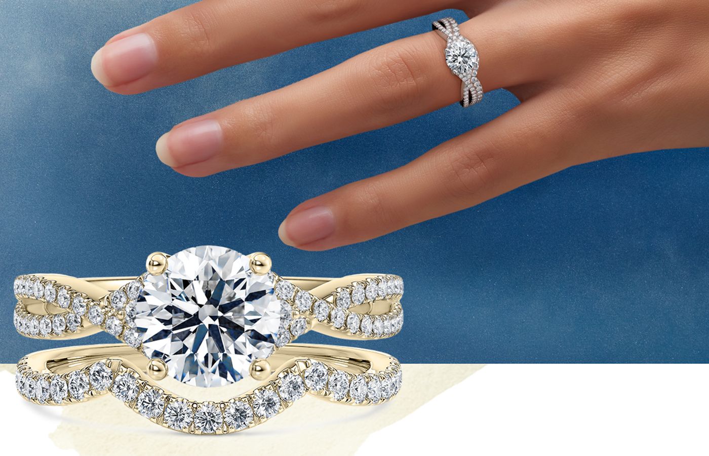  77 Diamonds 18k yellow gold and diamond Lola Vintage engagement ring with Lola Designer Set eternity ring