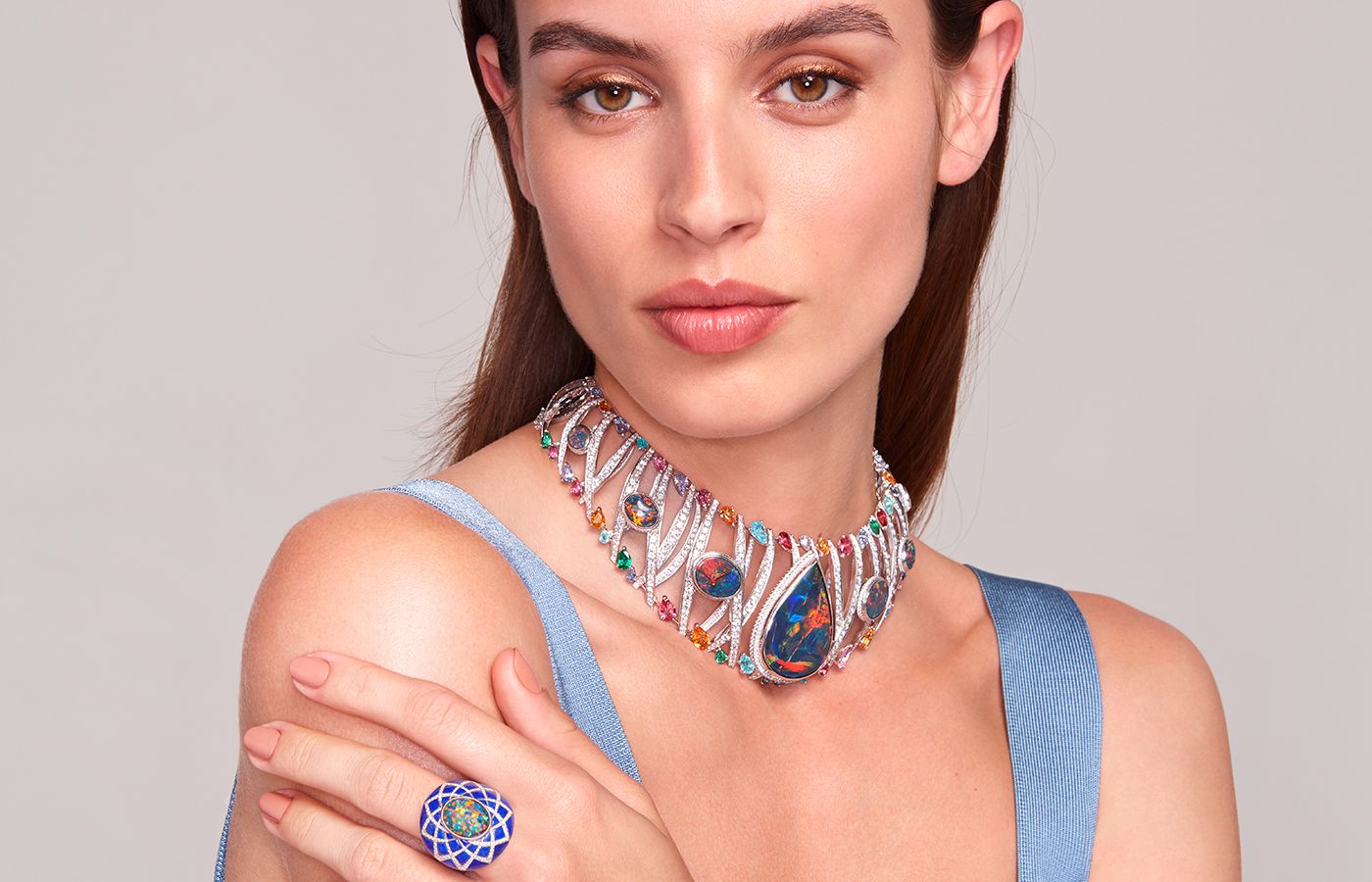 David Morris Ribbon necklace with 77.57ct Australian black opal,  pear shape diamond, spinel and garnet 