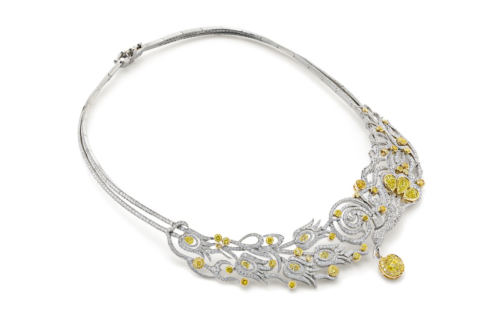 Boodles Firebird High Jewellery necklace set with yellow and white brilliant-cut diamonds, yellow gold and platinum 